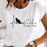 Women's Cartoon Cat Print Short-Sleeved T-Shirt Style Cloths