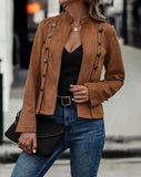 Spring Auutmn Jacket Blazer Coat Double-breasted Stand Collar Buttons Slim Long Sleeves Retro Cardigan Women Outdoor Suit Jacket
