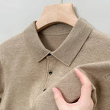 100% Pure Wool Winter Warm Soft Pullover Men's Business Lapel Knitwear Casual Solid Color Long Sleeve Polo Shirt Office