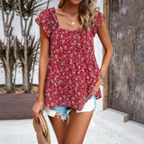Elegant Floral Print Square Neck Women's Top Summer Clothing