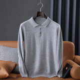 100% Pure Wool Winter Warm Soft Pullover Men's Business Lapel Knitwear Casual Solid Color Long Sleeve Polo Shirt Office