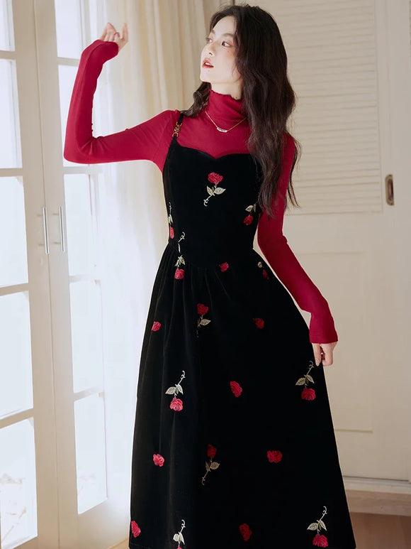 Women French Retro 2 Piece Set Autumn Outfits Long Sleeve High Collar Top+Black Rose Embroidered Velvet Slip Dress Sets Elegant