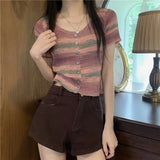 Ice Silk Short Sleeve Open Cardigan Women's Top Rainbow