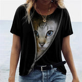 Cat Print T-Shirt Fashion Female Tees Tops Summer Clothing