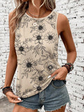 Summer New Floral Flower Print Tank Tops Women Casual O-Neck