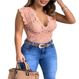Sexy Deep V Neck Sleeveless Lace Blouse Shirts Summer Women Lace Patchwork Pullover Tops
