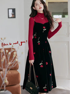 Women French Retro 2 Piece Set Autumn Outfits Long Sleeve High Collar Top+Black Rose Embroidered Velvet Slip Dress Sets Elegant