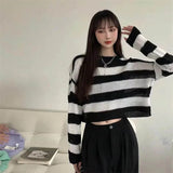 Korean Style Striped Cropped Sweater Women Oversize Knit Jumper