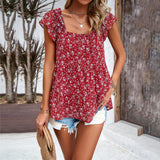 Elegant Floral Print Square Neck Women's Top Summer Clothing