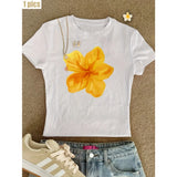 Hibiscus Pattern Printed T-shirt Summer O-neck Casual Women
