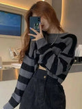 Korean Style Striped Cropped Sweater Women Oversize Knit Jumper