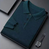 100% Pure Wool Winter Warm Soft Pullover Men's Business Lapel Knitwear Casual Solid Color Long Sleeve Polo Shirt Office