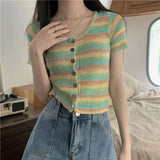Ice Silk Short Sleeve Open Cardigan Women's Top Rainbow