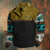 Men’s Graphic Patchwork Hoodie – Vintage Zipper Stand Collar Top