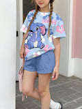 Girls Pink Tie Dye Stitch Cartoon 2Pcs Shorts Set For Summer
