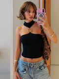 Metal Buckle Decoration Tank Tops Women's Off-Shoulder Outfit