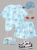 Girls Pink Tie Dye Stitch Cartoon 2Pcs Shorts Set For Summer