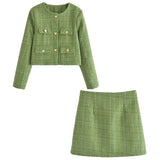 TRAFZA Suits For Women Fashion Green Coarse Weaving Loose Single Breasted Jackets + Slim Chic And Elegant Women's Autumn Skirts