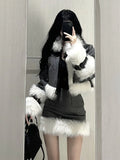 Winter Outwear Elegant 2 Piece Skirt Set Woman Korean Style Suit Warm Fashion Fur Coat Jacket + Casual Slim Y2k Mini Skirt