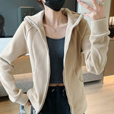 Women's Fleece Zip-Up Hoodie Jacket Warm Winter Coat Classic Solid Color Casual Outerwear with Pocket Fashion Streetwear Clothes