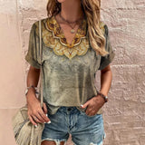 Women's T-Shirt Retro Floral Print Summer Casual V-Neck Lady
