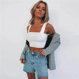 Sleeveless Summer Crop Top White Women Black Casual T Shirt