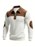 Men’s Half-Zip Polo Sweater – Patchwork Ribbed Long Sleeve Pullover