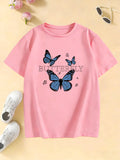 Girls Blue Butterfly Fashion Design T-shirt Kids' Summer Top
