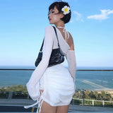 Women's Ruched Lace-Up Sheer Mini Party Dress Summer 2026