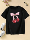 Girls' Bow with Cherry Fashion T-Shirts: Kids Summer Casual