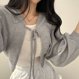 Women's White Knit Cardigan Korean Style Lace-Up Summer Top
