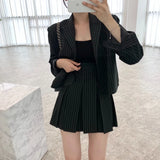 CJFHJE Fashion Stripe Blazer Women Autumn Notched Single Breasted Suit Korean Elegant Jacket High Elastic Waist Pleated Skirt