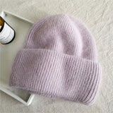 Women's Rabbit Fur Winter Hat Warm Beanie Solid Color Cap