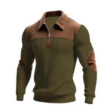Men’s Half-Zip Polo Sweater – Patchwork Ribbed Long Sleeve Pullover