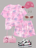 Girls Pink Tie Dye Stitch Cartoon 2Pcs Shorts Set For Summer