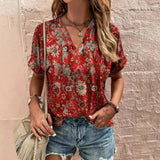 Women's T-Shirt Retro Floral Print Summer Casual V-Neck Lady