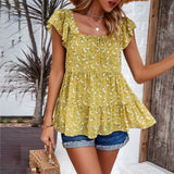 Elegant Floral Print Square Neck Women's Top Summer Clothing