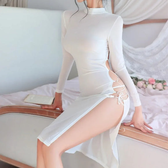 Summer sexy Dresses for Women white O neck hip-covering mid-length Satin Lace up backless sexy tight fitting long sleeved dress