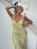 Women's Floral Print Maxi Dress Backless Summer Beachwear