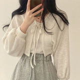 Women's White Knit Cardigan Korean Style Lace-Up Summer Top