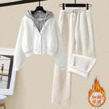 Plush and Thickened Hoodie Jacket Casual Wide Legged Pants Two-piece Elegant Women's Pants Set Winter Outfits