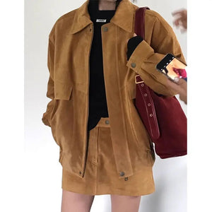 Retro casual versatile lapel collar loose long-sleeved jacket + A-word skirt corduroy two-piece set