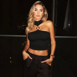 Metal Buckle Decoration Tank Tops Women's Off-Shoulder Outfit