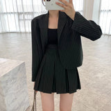 CJFHJE Fashion Stripe Blazer Women Autumn Notched Single Breasted Suit Korean Elegant Jacket High Elastic Waist Pleated Skirt