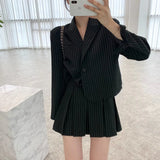 CJFHJE Fashion Stripe Blazer Women Autumn Notched Single Breasted Suit Korean Elegant Jacket High Elastic Waist Pleated Skirt