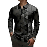 Men’s 3D Geometric Print Polo Shirt – Long Sleeve Golf Top