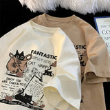 Oversized Cartoon Cat Print Couples Short Sleeve T-Shirt