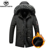 Men's Windproof Fleece Warm Detachable Hooded Parka Winter Jacket Solid Zipper Coat 6XL