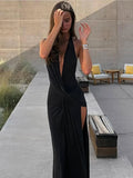 Women's Deep V Neck High Slit Backless Maxi Dress for Summer