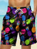 Men's Pineapple Print Beach Shorts Tropical Rainbow Zigzag